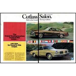 1974 Oldsmobile Cutlass Grand Touring Sedan & Coupe 2 Page Vintage Print Ad Art